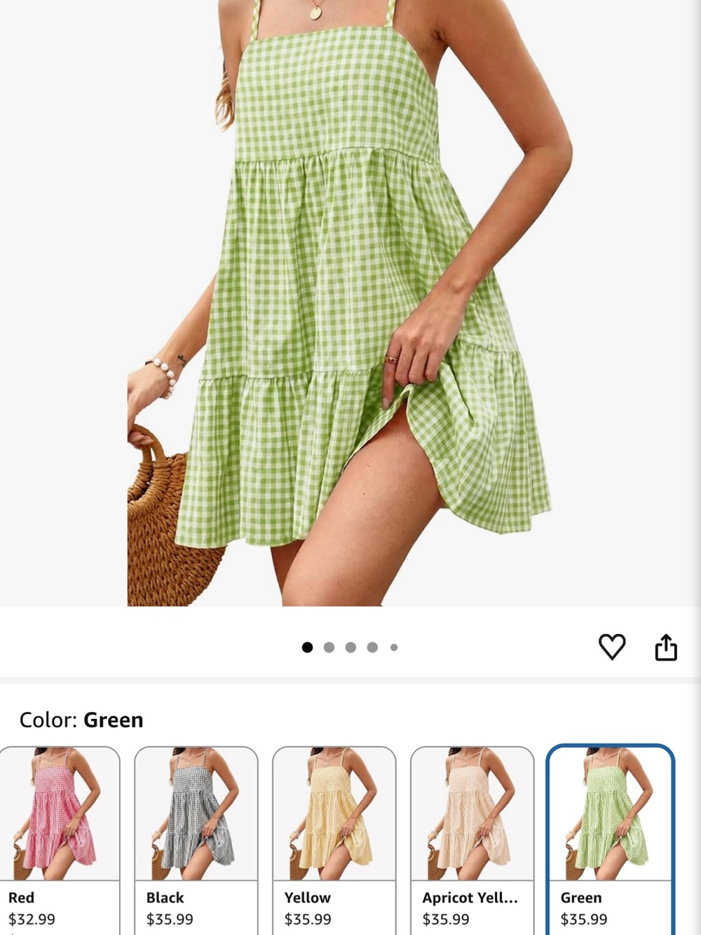 Green Gingham Spaghetti-Strap Tiered Mini Dress